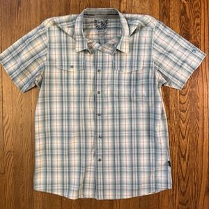 Kuhl Mens Medium Plaid Cotton Linen Short Sleeve Button Down Shirt Hiking
